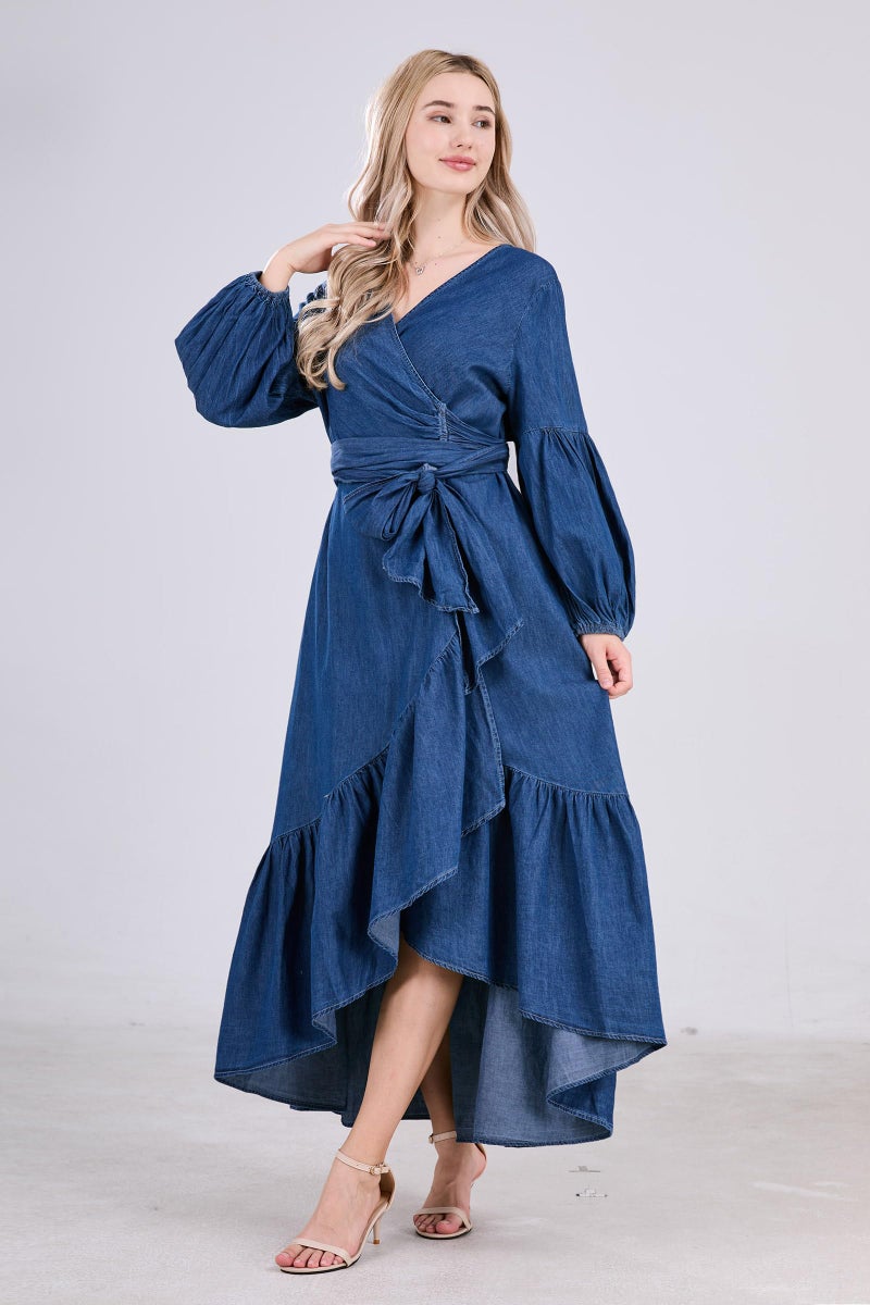 utcoco Womens Casual Belted Long Sleeve Denim Dress Wrapped V-Neck Ruffle Hem Maxi Denim Dresses for Women 2025 (Large, Blue) - Image 4