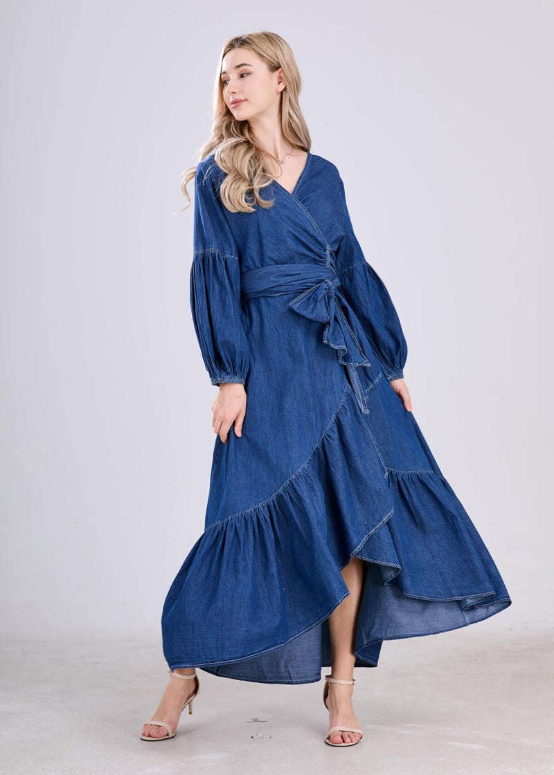 utcoco Womens Casual Belted Long Sleeve Denim Dress Wrapped V-Neck Ruffle Hem Maxi Denim Dresses for Women 2025 (Large, Blue) - Image 2