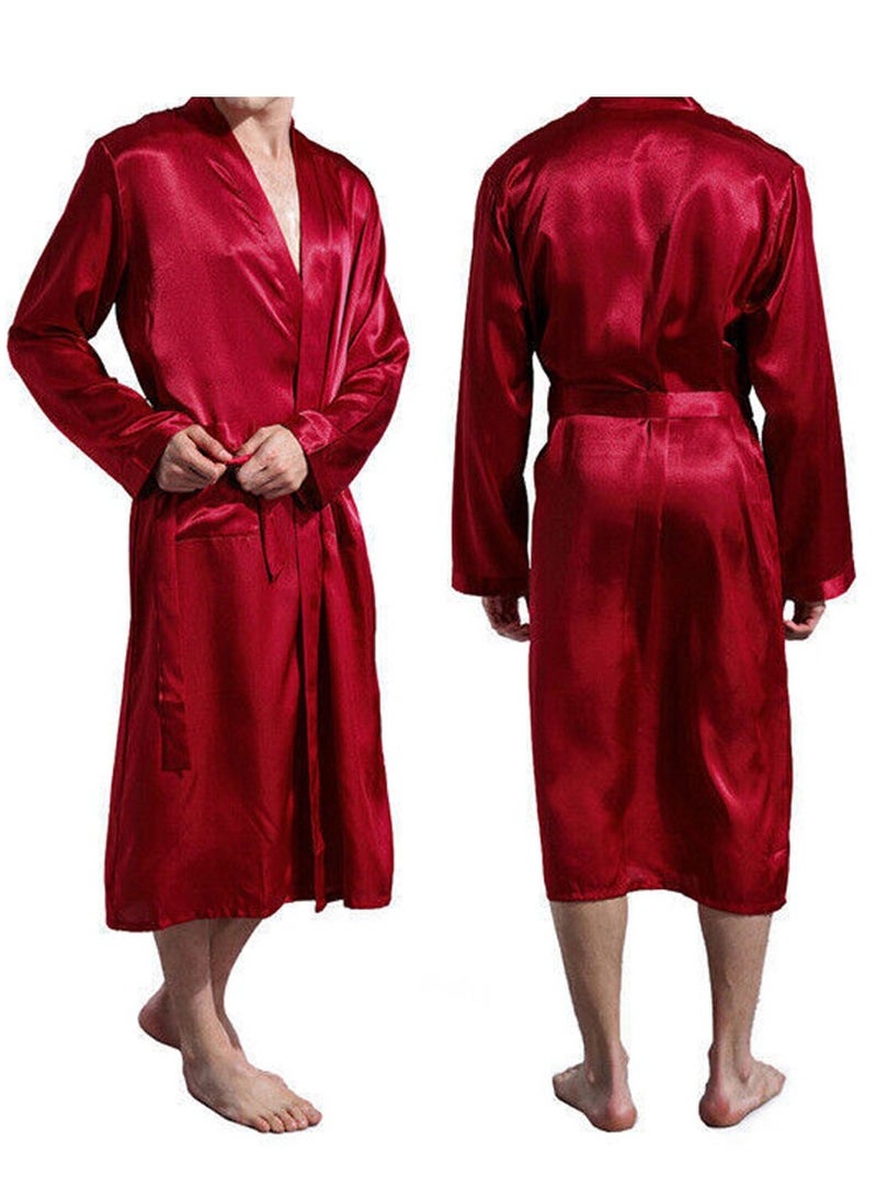 MARGOUN Men's Dressing Gown Kimono Robe Lightweight Silk Long Sleeved Home Sleepwear Loungewear Red Medium (Length 45''/Chest 24'') - Image 3