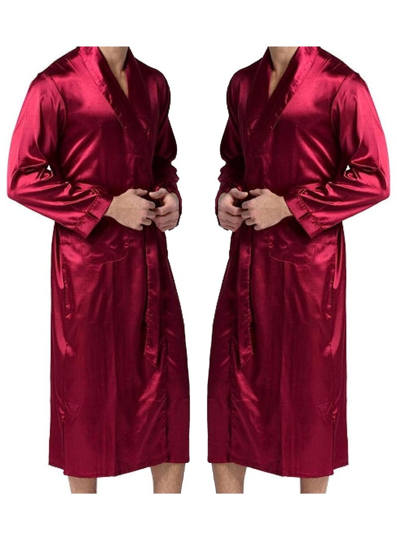MARGOUN Men's Dressing Gown Kimono Robe Lightweight Silk Long Sleeved Home Sleepwear Loungewear Red Medium (Length 45''/Chest 24'') - Image 4