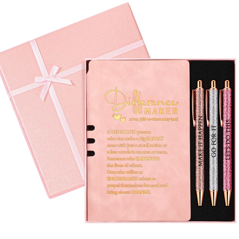 Thenshop 5 Pcs Employee Appreciation Gift Journal with Pen Difference Maker Inspirational Leather Notebook 3 Ballpoint Pens Box Thank You Gift for Coworker Staff Teacher Office Social Worker(Pink) - Image 1