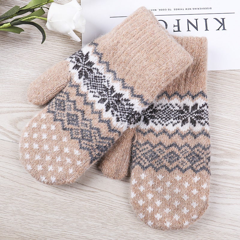Korean Style New Autumn and Winter Gloves Fashion Womens Double Layer Thickened Warm Bag Finger Knitted Snowflake Gloves for Women Camel [snowflake edging gloves]] 