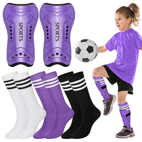Liliful 4 Pcs Soccer Shin Guards Set for Girl Kids Youth Include 1 Shin Guards & 3 Sport Socks Protective Lightweight Gear Leg Pads Gear for 3-15 Girls Boy Children Teens(Purple,S) - Image 1
