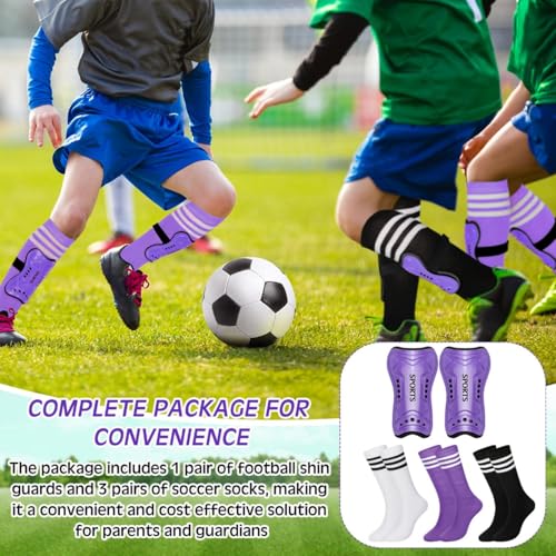 Liliful 4 Pcs Soccer Shin Guards Set for Girl Kids Youth Include 1 Shin Guards & 3 Sport Socks Protective Lightweight Gear Leg Pads Gear for 3-15 Girls Boy Children Teens(Purple,S) - Image 5