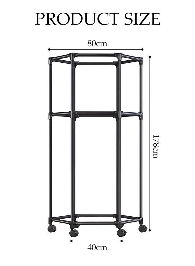 DUNISO 2-Layer Metal Clothes Hanger Organizer, Clothes Rack with Wheels, Hexagonal Rolling Clothing Rack for Hanging Clothes, Garment Storage for Bedroom, Laundry, Balcony - Image 2