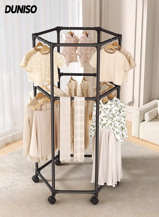DUNISO 2-Layer Metal Clothes Hanger Organizer, Clothes Rack with Wheels, Hexagonal Rolling Clothing Rack for Hanging Clothes, Garment Storage for Bedroom, Laundry, Balcony - Image 1