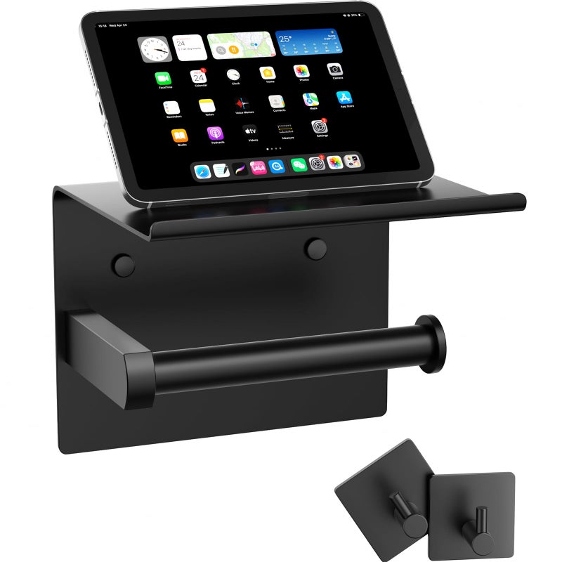 Tindbea Mega Size Toilet Paper Holder with Shelf  Towel Robe Hooks Adhesive or Screw Wall Mounted Toilet Paper Roll Holder Stainless Steel Bathroom Hardware Set Matte Black