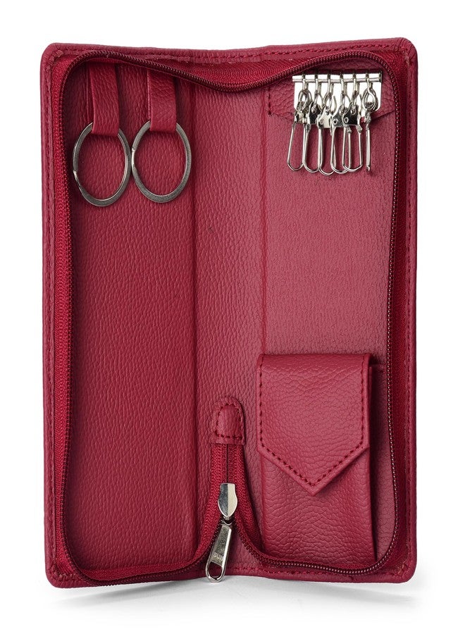 essart PU Leather Key Case Pouch Wallet (Set of 4) Keychain Key Pouch Holder Men & Women Key Pouch Holder, Bank Locker Key Pouch with 6 Hooks Zipper Closure (BRN-Cherry) - Image 4