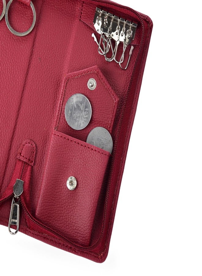 essart PU Leather Key Case Pouch Wallet (Set of 4) Keychain Key Pouch Holder Men & Women Key Pouch Holder, Bank Locker Key Pouch with 6 Hooks Zipper Closure (BRN-Cherry) - Image 3