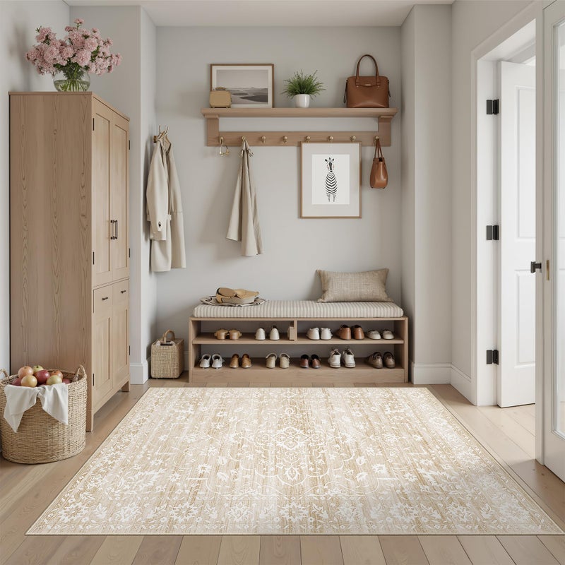 Soalmost Area Rugs 4x6 for Living Room, Neutral Washable Rugs for Dining Room, Entryway, Kitchen, Floral Vintage Non-Slip Area Rug Farmhouse 4'x6' Beige - Image 1