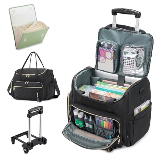 SUCIKORIO Rolling Laptop Bag 173 Inch With Accordion File Folder 3 IN 1 Rolling Briefcase for Women Waterproof Teacher Tote Bag With Wheels With Detachable Trolley for Office College Nurse Black - Image 1