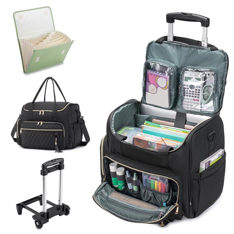 SUCIKORIO Rolling Laptop Bag 173 Inch With Accordion File Folder 3 IN 1 Rolling Briefcase for Women Waterproof Teacher Tote Bag With Wheels With Detachable Trolley for Office College Nurse Black - Image 2