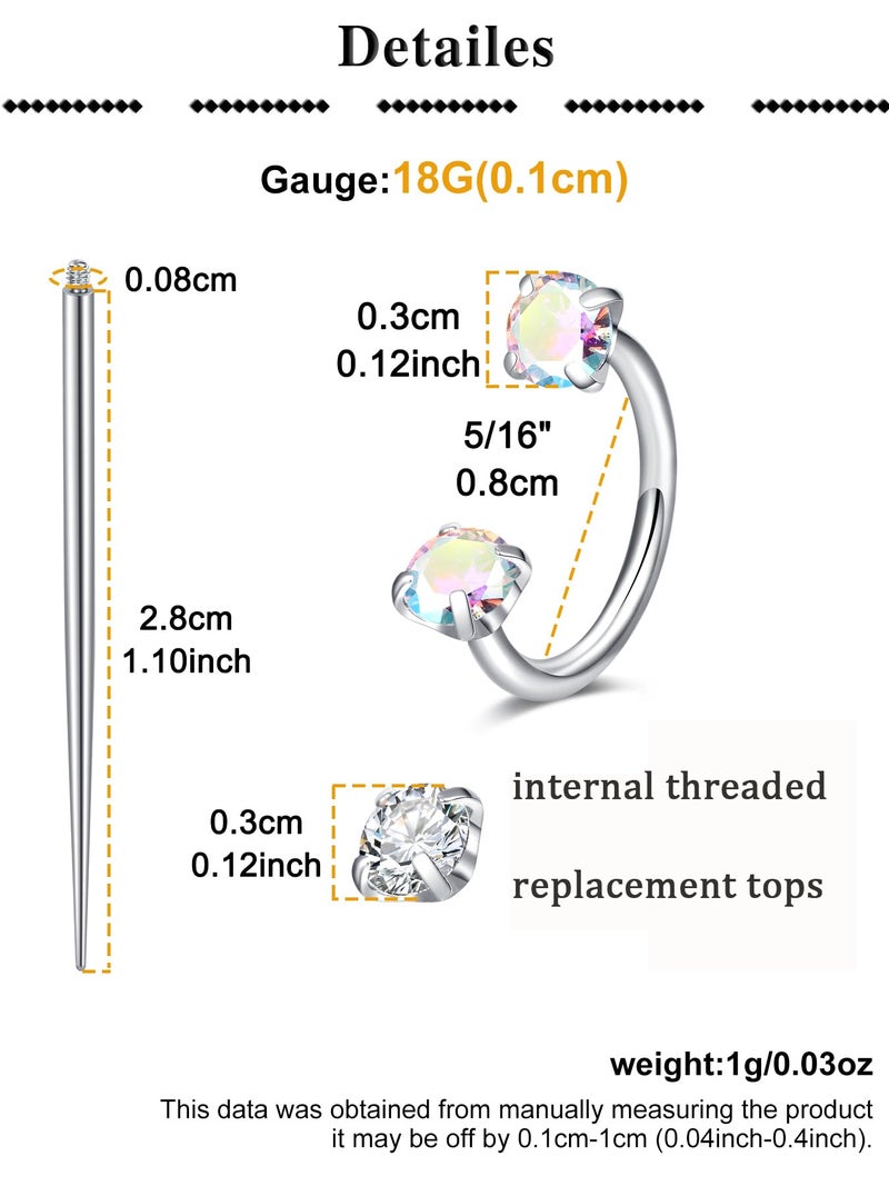 QWALIT Silver 18g Horseshoe Nose Ring Double Stud Gem Horse Shoe Nose Ring Hoop for Women Surgical Steel Half Tragus Earring Lip Helix Piercing Jewelry Septum Rings 8mm Septum Ball Screw Tool Threader - Image 2