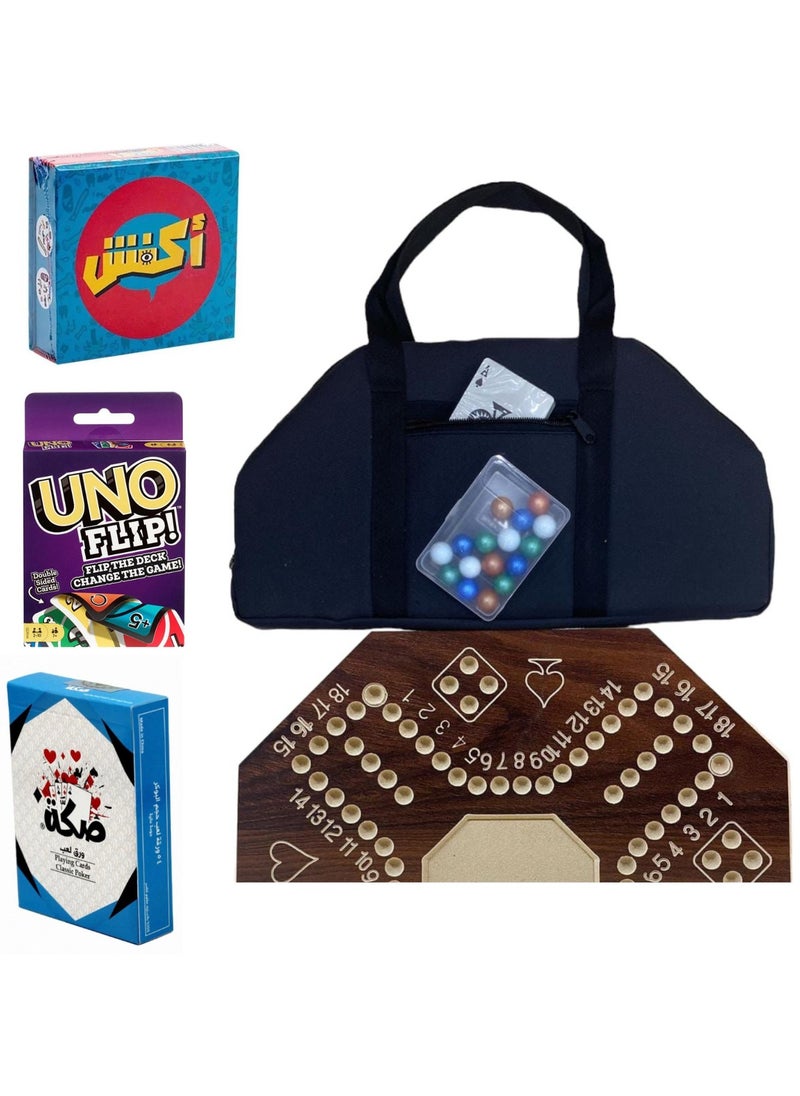 MARAH TOYS - Group games consisting of 4 pieces, a numbered jackaroo game that comes in a bag, with the original Sakka playing cards, the Akfash card game, and the Uno Flip game. - Image 1