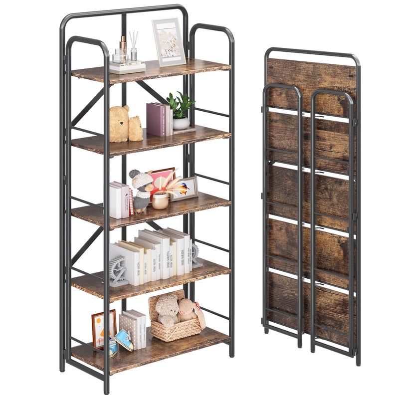 4NM No Assembly Folding Bookshelf 5 Tier Vintage Industrial Book ShelfMetal Foldable Storage Bookcase and Bookshelves for Living RoomBedroom and Kitchen  Rustic Brown