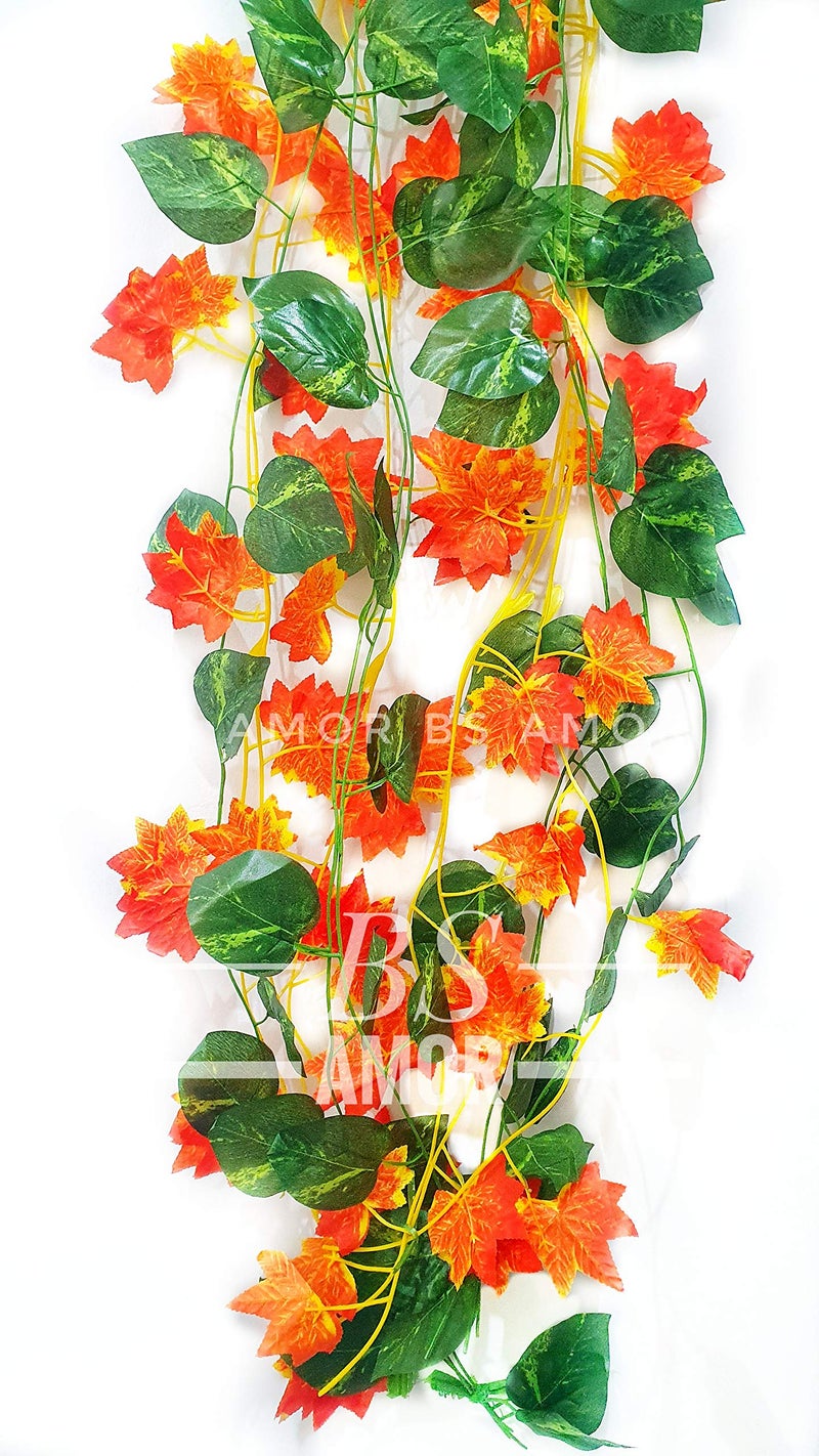 BS AMOR Home Decor Artificial Garland Money Plant and Maple Leaf Creeper/Bail Junglee Theme Combo| Wall Hanging | Speacial Ocassion Decoration Miulticolour Pack of (6 Green + 6 Orange) Strings (12) - Image 3