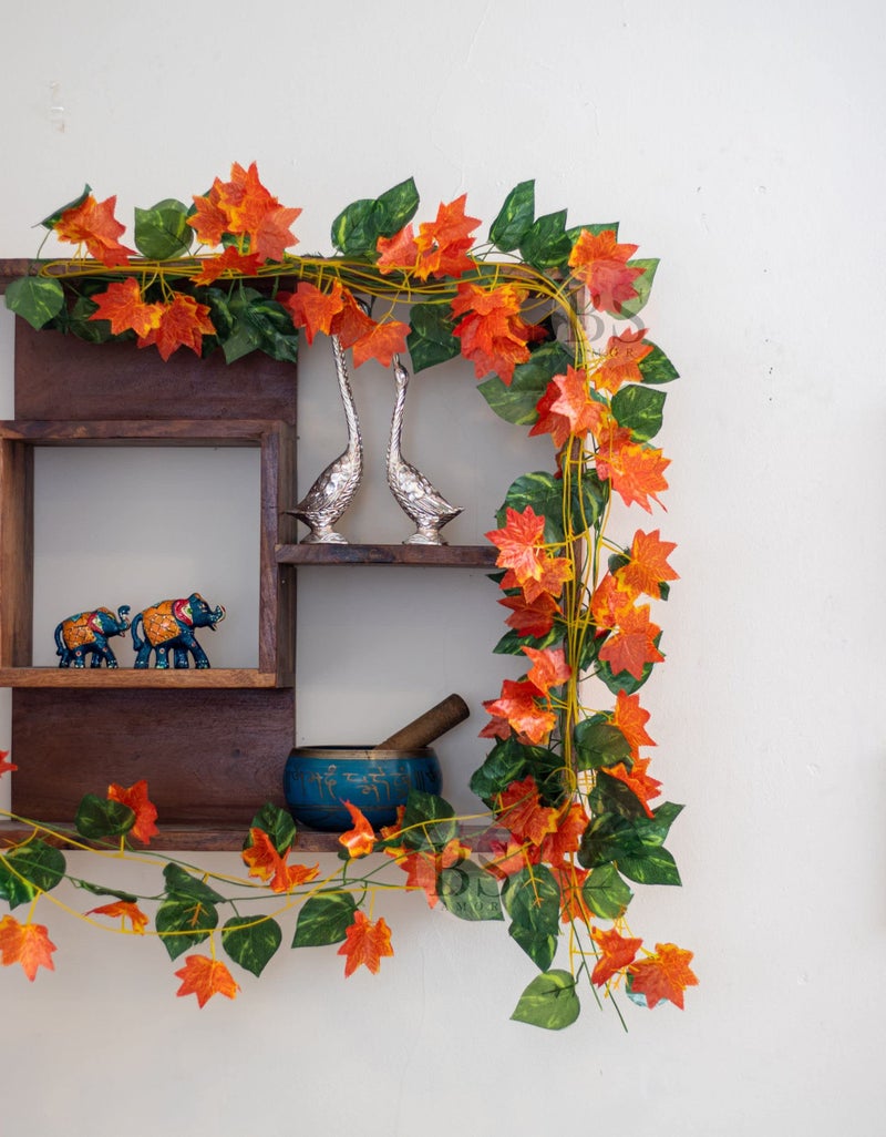 BS AMOR Home Decor Artificial Garland Money Plant and Maple Leaf Creeper/Bail Junglee Theme Combo| Wall Hanging | Speacial Ocassion Decoration Miulticolour Pack of (6 Green + 6 Orange) Strings (12) - Image 1