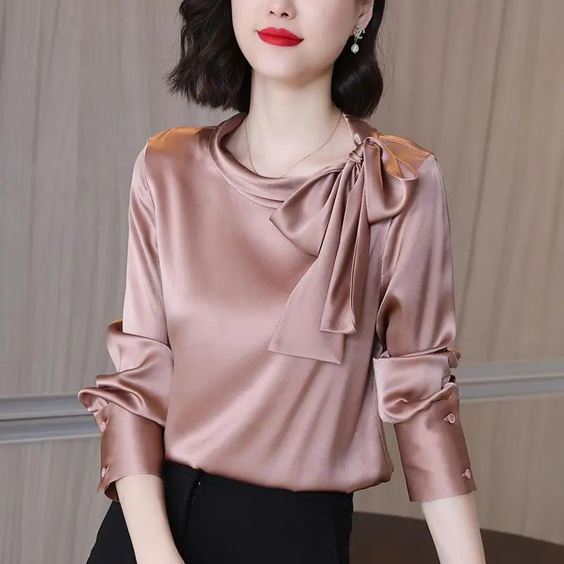 Autumn New Satin Shirt Womens Design Sense Niche Bow Top Womens Long-sleeved T-shirt Base Lotus root pink 