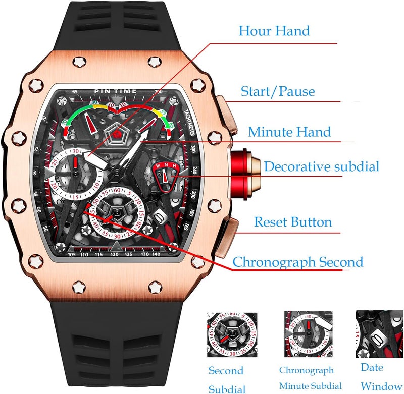PINTIME Fashion Mens Watch Hallow Punk Chronograph Sports Wristwatch Luxury Designer Mens Watch - Image 5
