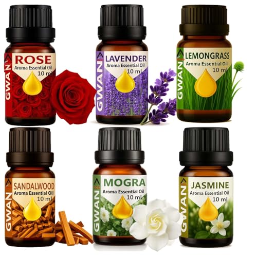 Gwan Aroma Diffuser Oil/Essential oil for home fragrance/essential oil diffuser (Rose, Lavender, Lemongrass, Jasmine, Mogra, and Sandalwood) 10 ml Each - Set of 6 - Image 1