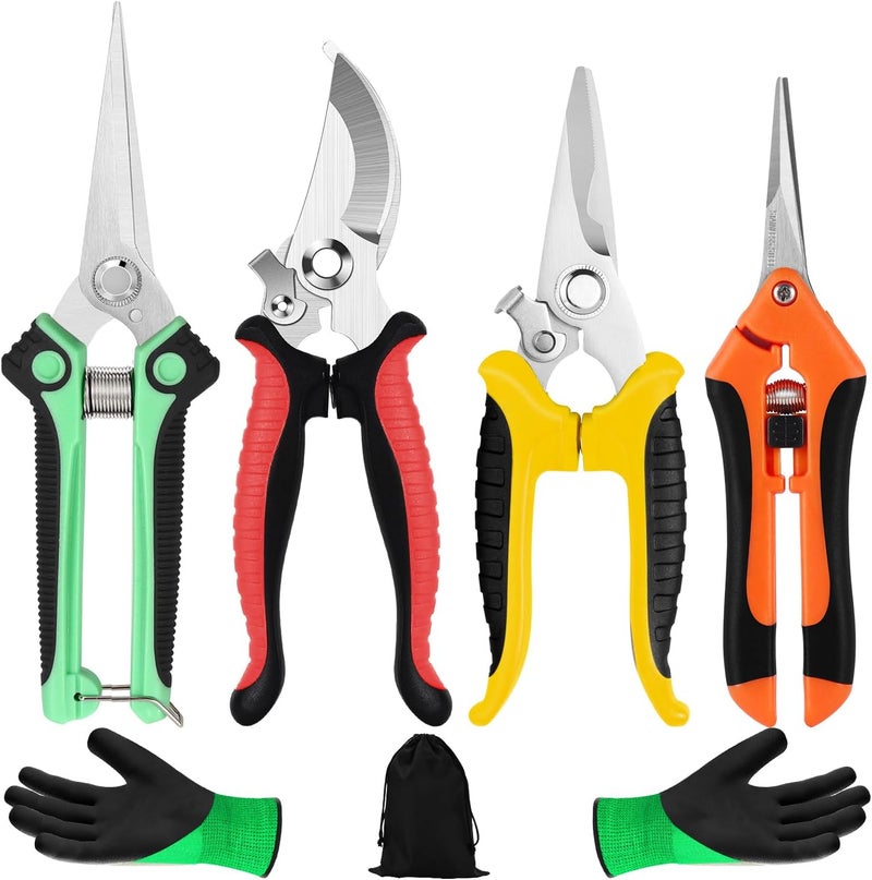 Wevove 4 Pack Garden Shears Scissors,Pruning Shears, pruning shears for gardening Stainless Steel Blades, Gardening Clippers Hand Pruner With a Gardening Gloves((Red Yellow Blue Orange) - Image 1