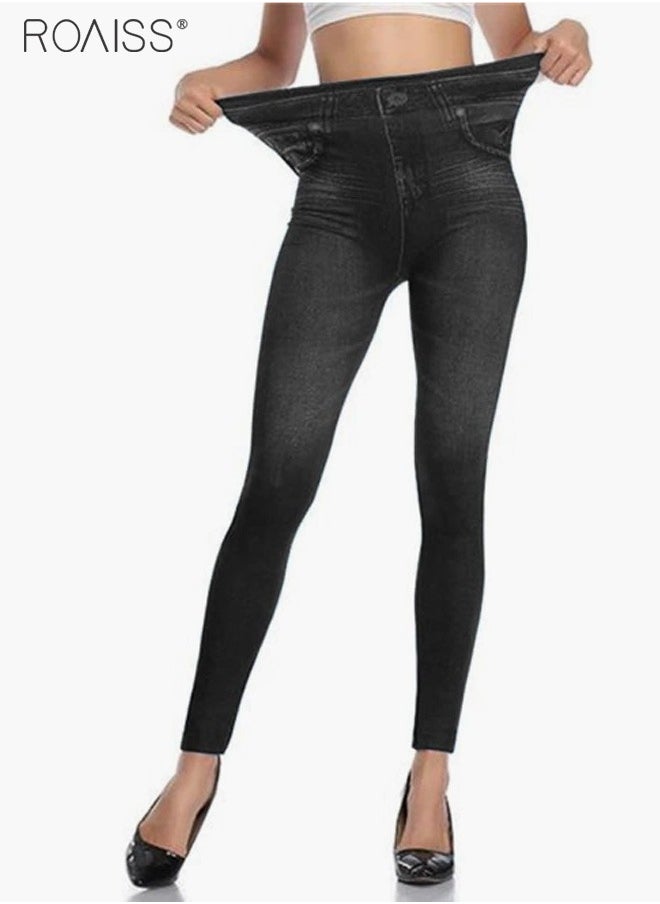 roaiss Women's Ultra-High Elastic High Waist Leggings With Denim Pattern Yoga Exercise Leggings  - Image 1
