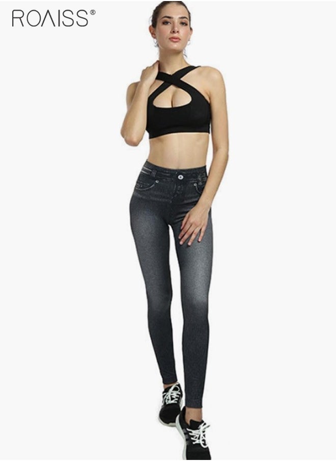 roaiss Women's Ultra-High Elastic High Waist Leggings With Denim Pattern Yoga Exercise Leggings  - Image 2