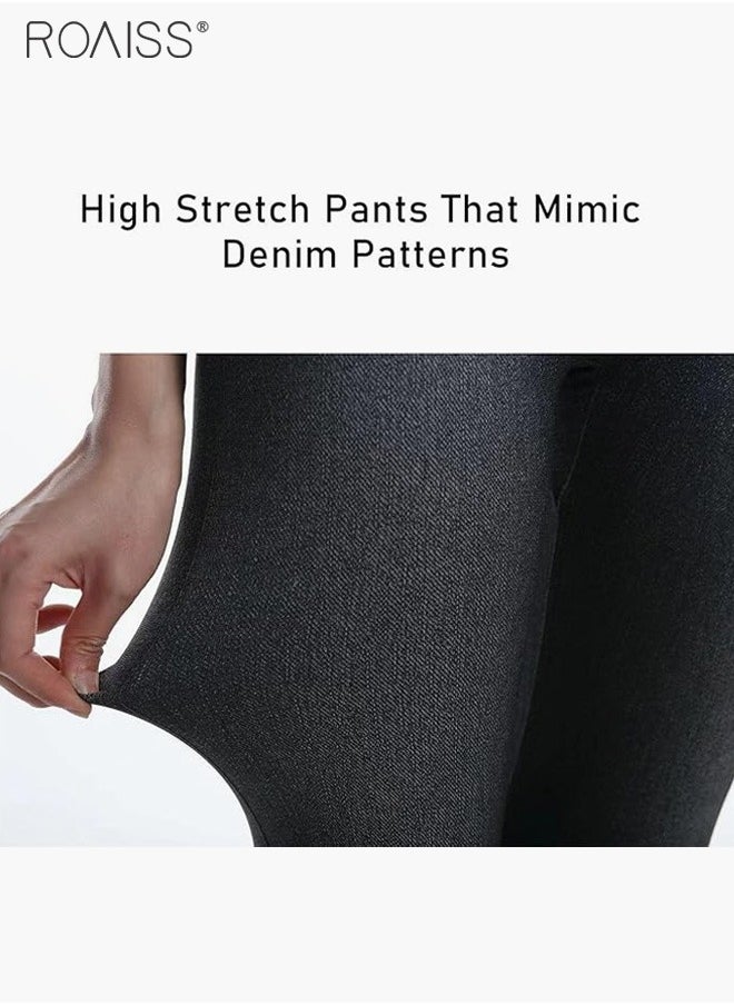 roaiss Women's Ultra-High Elastic High Waist Leggings With Denim Pattern Yoga Exercise Leggings  - Image 4
