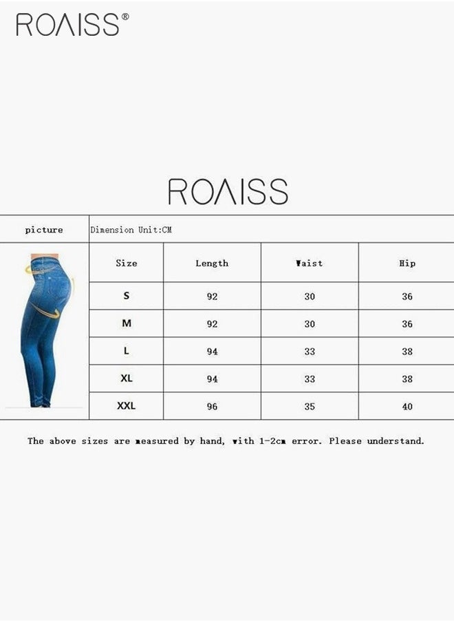 roaiss Women's Ultra-High Elastic High Waist Leggings With Denim Pattern Yoga Exercise Leggings  - Image 5