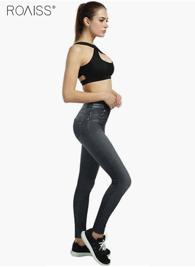 roaiss Women's Ultra-High Elastic High Waist Leggings With Denim Pattern Yoga Exercise Leggings  - Image 3
