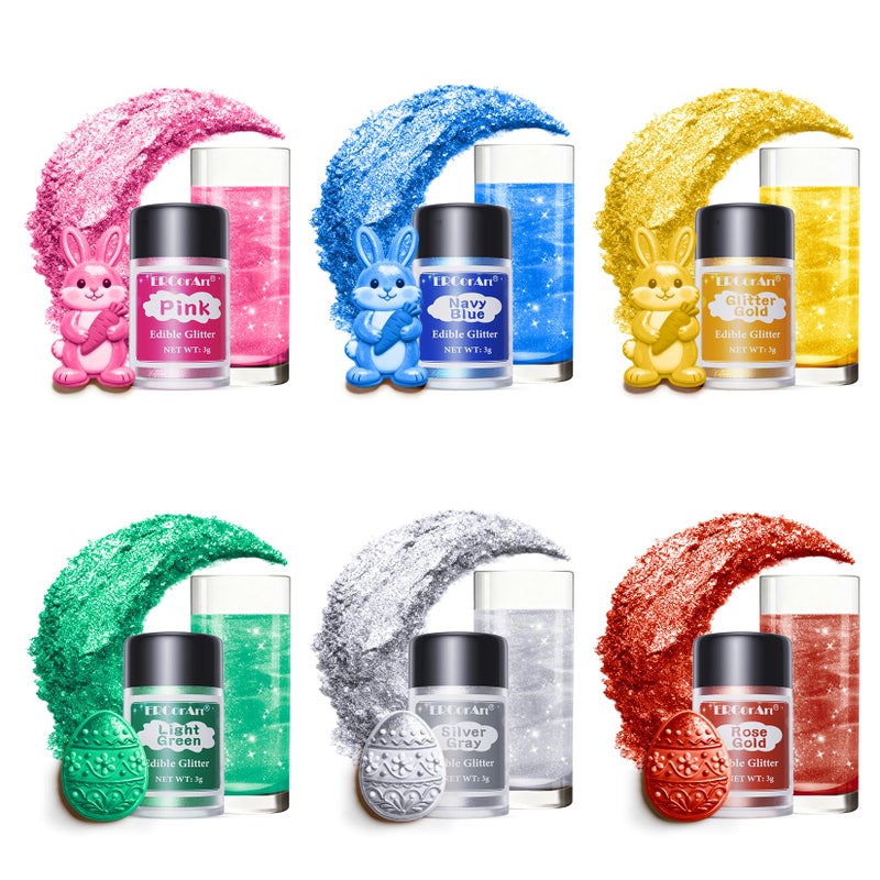 ERCorArt Edible Glitter  6 Colors Luster Dust Edible Food Grade Cake Decorating Shimmering Glitter for Drinks Powder Glitter for Fondant Chocolate Candy Cookie 3g Vegan - Image 3