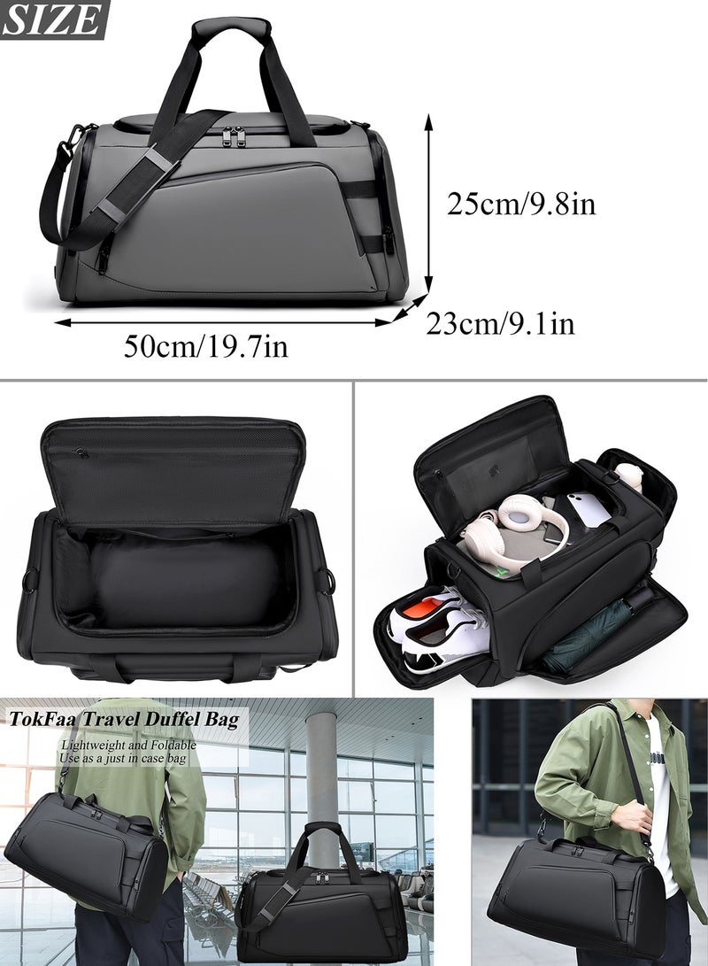 TokFaa Sports Gym Bag for Men Women Travel Duffel Bag with Shoes Compartment and Wet Pocket Carry on Bag 48L Waterproof Shoulder Weekender Overnight Luggage Bag Swimming Yoga Tote Bags(Grey) - Image 2