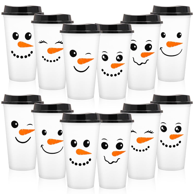 Whaline 12 Pack 16 Oz Christmas Reusable Coffee Cups with Lids Cute Snowman Face Plastic Tumbler Coffee Travel Mug for Winter Xmas Party Supplies Hot Cold Drinks - Image 2