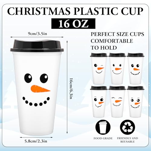 Whaline 12 Pack 16 Oz Christmas Reusable Coffee Cups with Lids Cute Snowman Face Plastic Tumbler Coffee Travel Mug for Winter Xmas Party Supplies Hot Cold Drinks - Image 3
