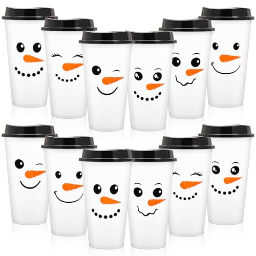 Whaline 12 Pack 16 Oz Christmas Reusable Coffee Cups with Lids Cute Snowman Face Plastic Tumbler Coffee Travel Mug for Winter Xmas Party Supplies Hot Cold Drinks - Image 1