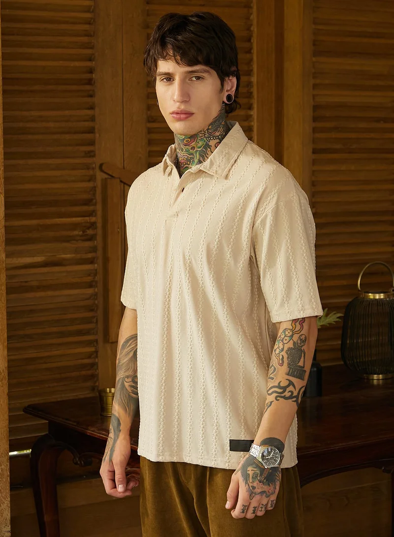 Campus Sutra Men's Army Green Spiralknot-Tactile Oversized Polo T-Shirt