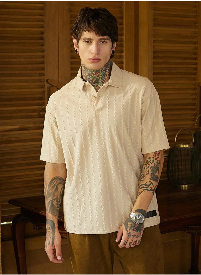 Campus Sutra Men's Army Green Spiralknot-Tactile Oversized Polo T-Shirt
