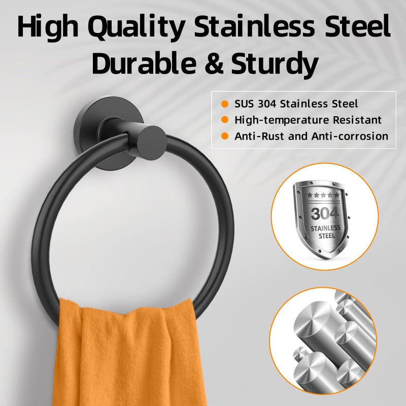 Z-TIISON Matte Black Towel Ring 2Pack, SUS304 Stainless Steel Hand Towel Holder for Bathroom Kitchen, Modern Style Towel Hanger, Thicken Ring Towel Holder, Towel Rack Round Wall Mounted (2, Black) - Image 2