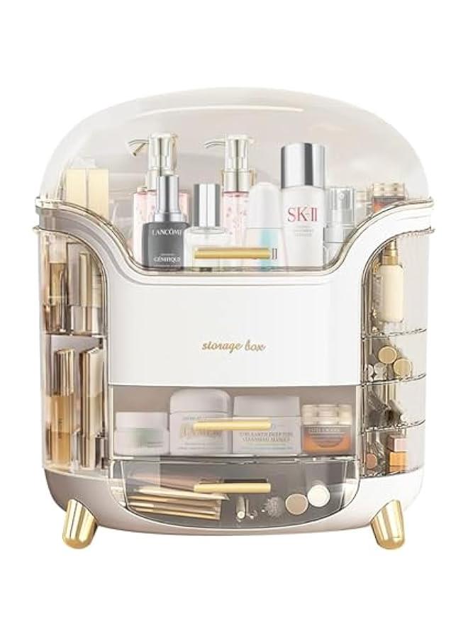 HOOKOR Makeup Organizer and Storage, Cosmetics Organizer Box for Countertop with Lid & Drawers, Cosmetics Skincare Organizers Box with Waterproof & Dustproof Cover for Bedroom,White - Image 1