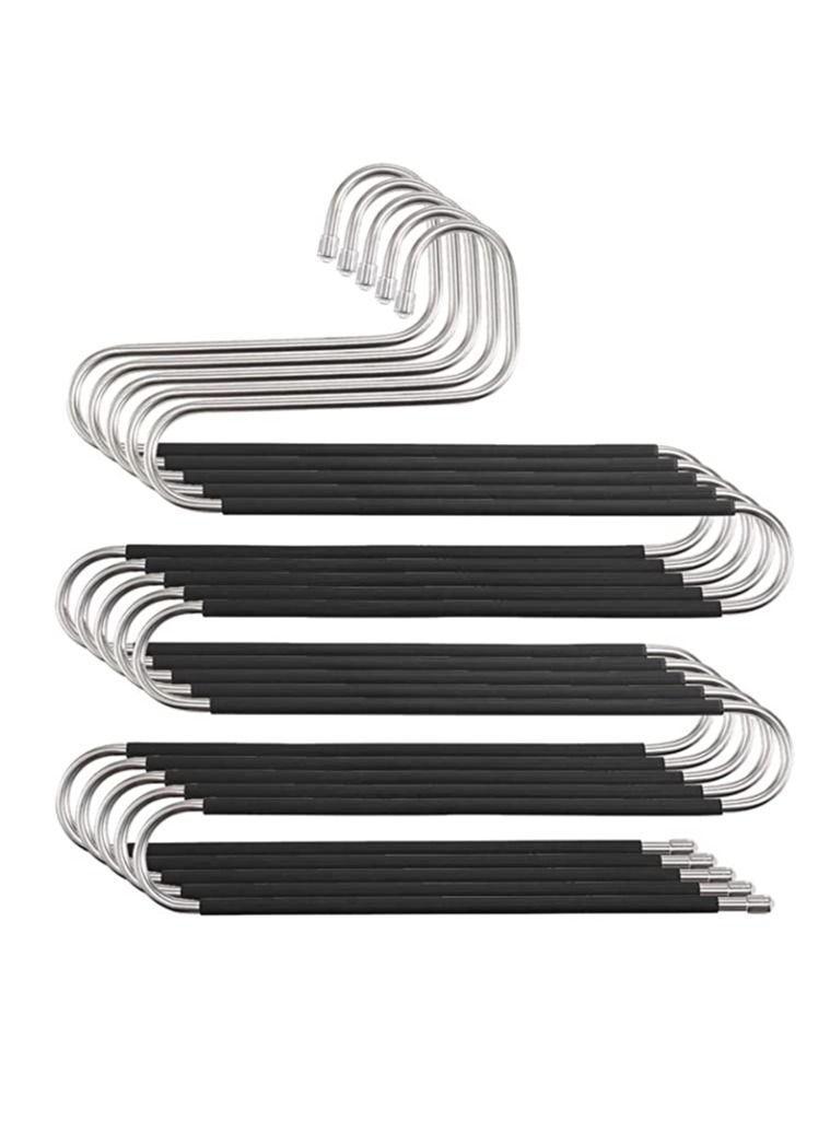 LEDIN Closet Organization 5 Pack S Shaped Space Saver Hangers Non Slip Pants Hangers Scarf Tie Organizer Kids Closet Organizer Multifunctional Space Saver Pants Rack (Black-5)  - Image 1