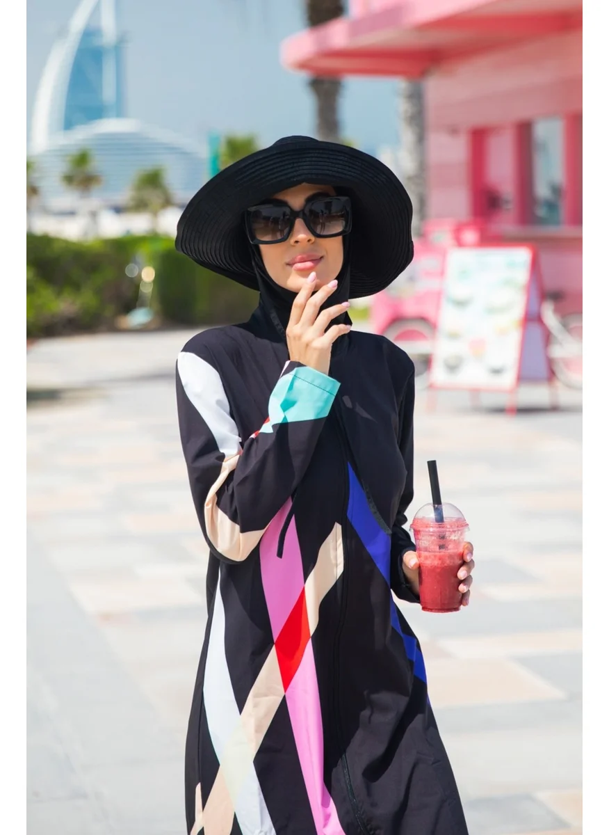 Marina Paraşüt Geometric Black Fully Covered Hijab Swimsuit M2310