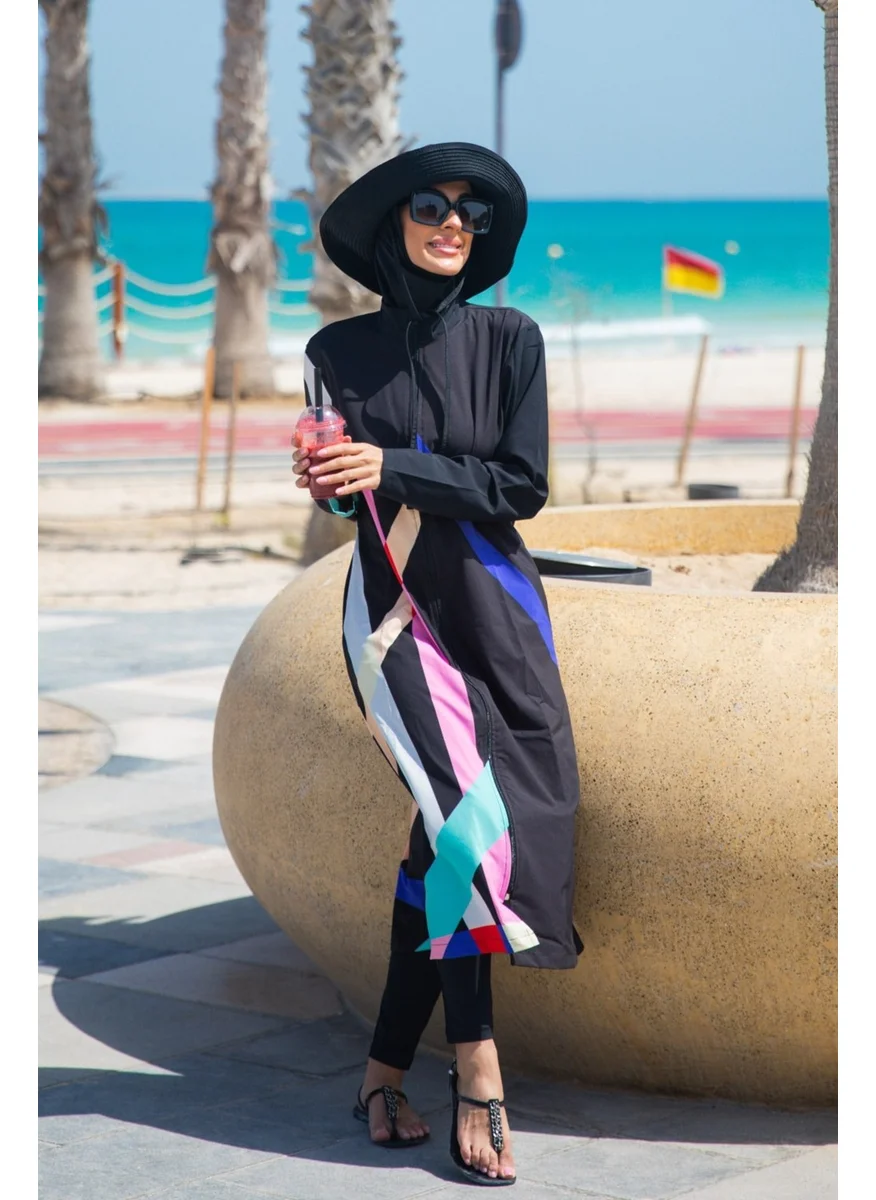 Marina Paraşüt Geometric Black Fully Covered Hijab Swimsuit M2310