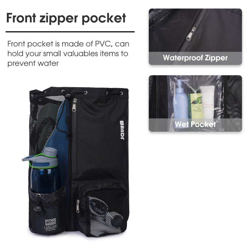 WANDF Swim Bag Mesh Drawstring Backpack with Wet Pocket Beach Backpack for Swimming, Gym, and Workout Gear (Black) - Image 3