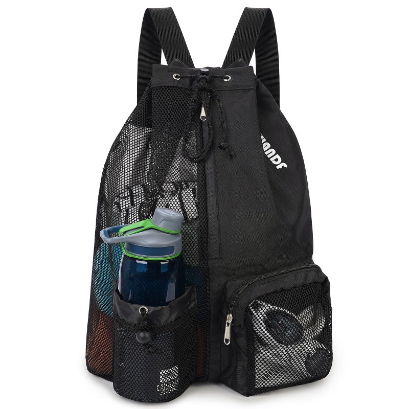 WANDF Swim Bag Mesh Drawstring Backpack with Wet Pocket Beach Backpack for Swimming, Gym, and Workout Gear (Black) - Image 1