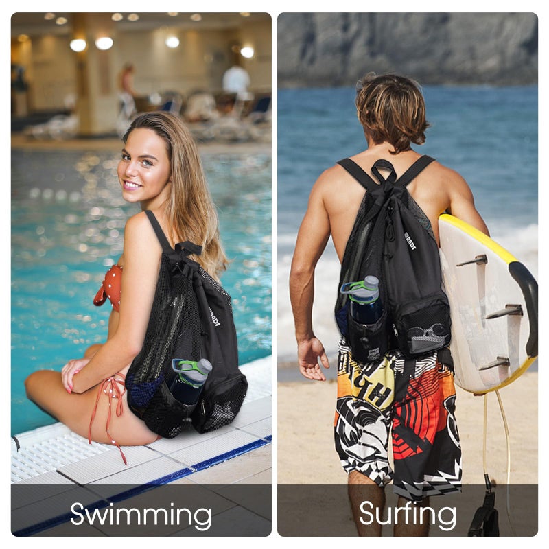WANDF Swim Bag Mesh Drawstring Backpack with Wet Pocket Beach Backpack for Swimming, Gym, and Workout Gear (Black) - Image 2
