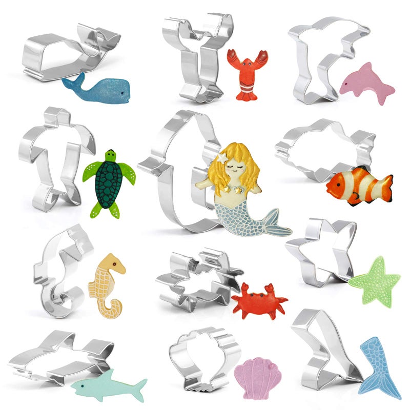 GWHOLE 12Pieces Sea Creature Cookie Cutter Set Small Ocean Sea Life Mermaid Cookie and Fondant Cutter for Kids
