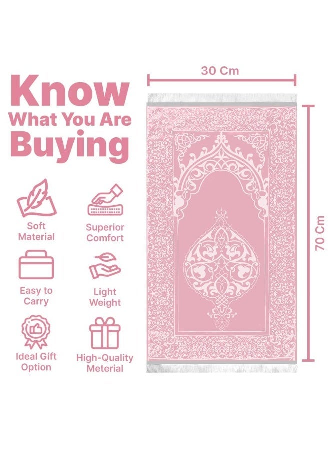 OSHIMA Muslim Prayer Rug with Prayer Beads and Portable Bag, Turkish Design Muslim Prayer Rug &Beads Set with Satin Pouch, Carpet Mat, Ideal Islamic Gift for Hajj, Eid, Weddings & Umrah (Pink) - Image 2