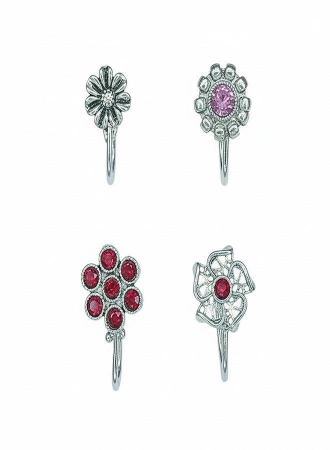 JWELLA Oxidised Silver Nose Pin Set of 4 for Women and Girls, Elegant Clip-On Nosepins with Floral, Red and Pink Stone-Studded Designs, Lightweight Jewellery - Image 1