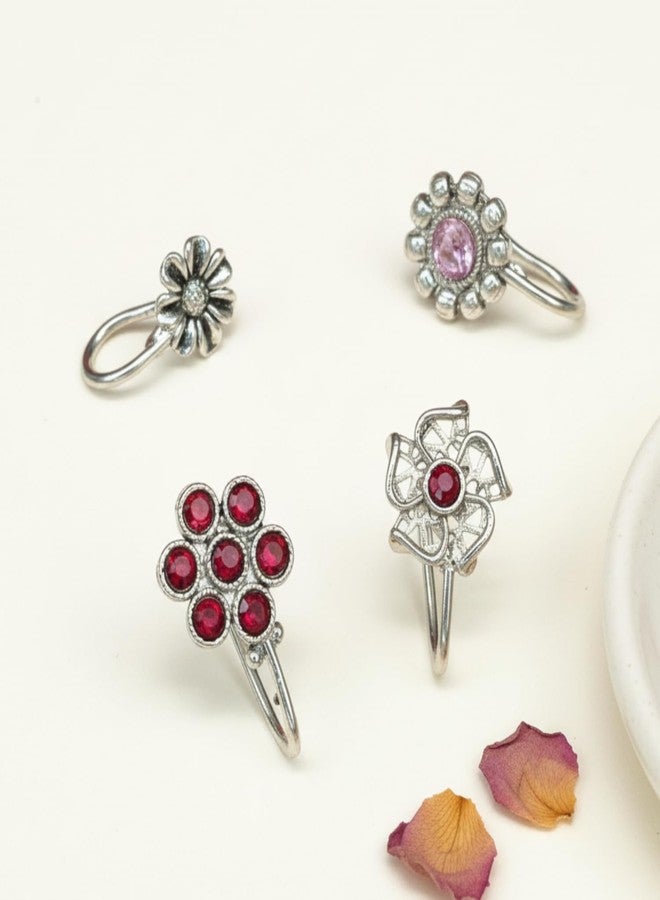 JWELLA Oxidised Silver Nose Pin Set of 4 for Women and Girls, Elegant Clip-On Nosepins with Floral, Red and Pink Stone-Studded Designs, Lightweight Jewellery - Image 2