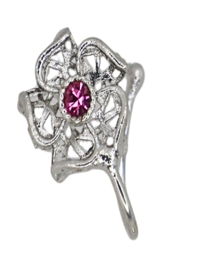 JWELLA Oxidised Silver Nose Pin Set of 4 for Women and Girls, Elegant Clip-On Nosepins with Floral, Red and Pink Stone-Studded Designs, Lightweight Jewellery - Image 4